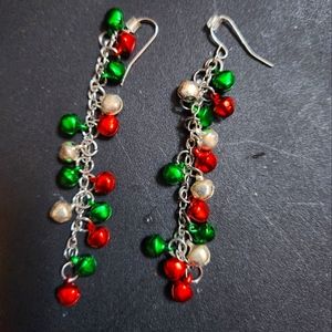 Christmas Bells Earirngs 3inch Red Green Silver